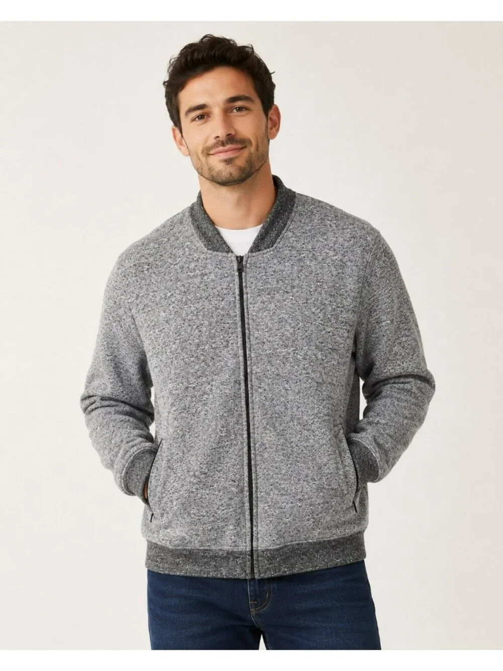 MARC ANTHONY MEN’S XXL BIRCH GRAY FULL ZIP KNIT BOMBER SWEATER JACKET